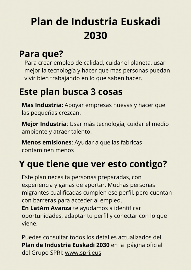 Campaña sobre el Plan de Industria en Euskadi 2030 y su oportunidad para el talento migrante LatAm Avanza